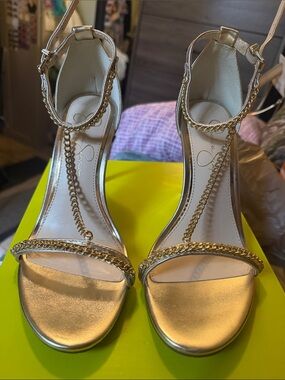 Jessica Simpson Metallic Gold Chain T-Strap Heels